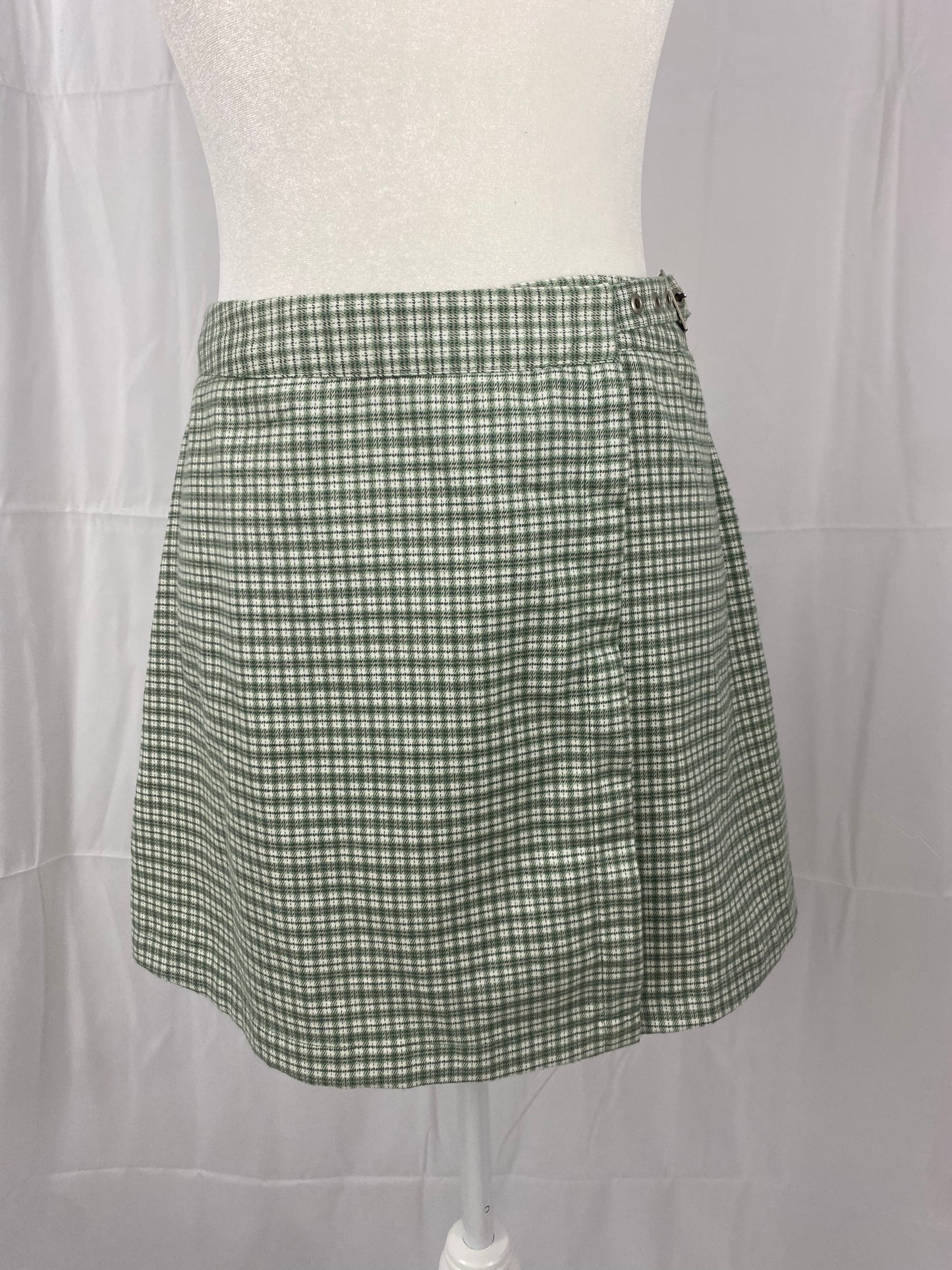 Green & white plaid wrap mini skirt